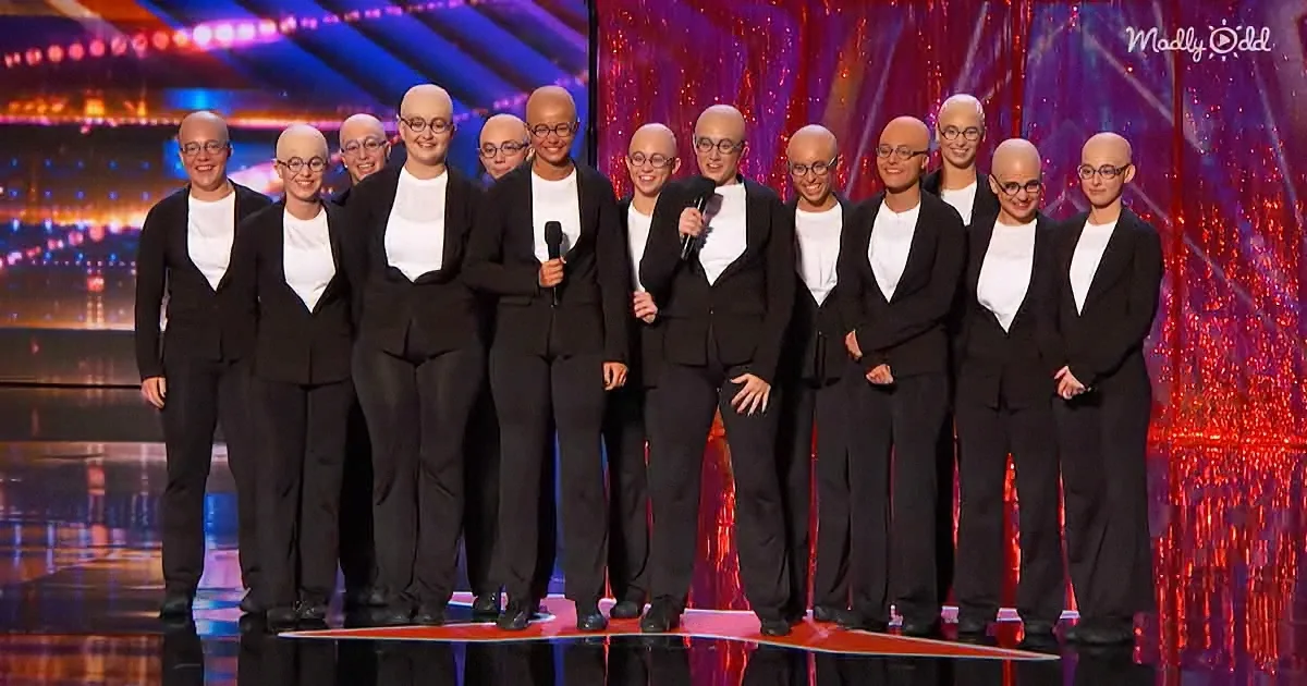 A group of people in black suits and white shirts stands on a stage with a colorful background.