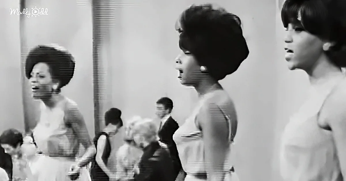 Three women in dresses, one with a large afro, standing in a room with blurred background.