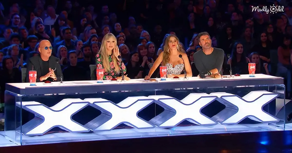 Judges sit at a table with "XXX" in front, audience in the background.