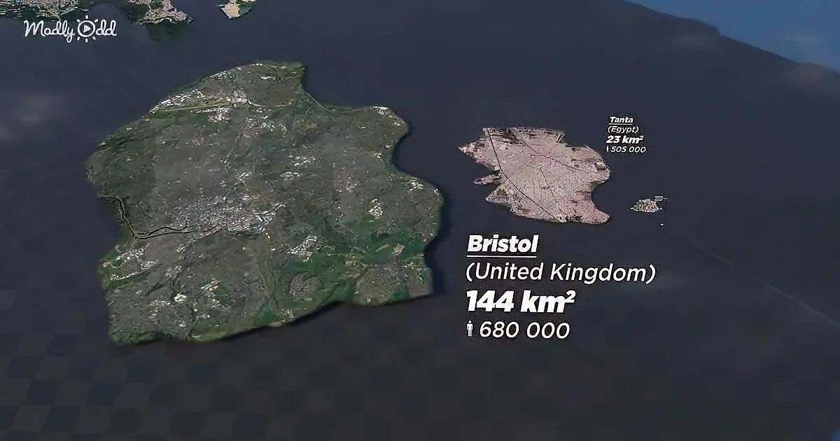 Bristol, UK, 144 km², 680,000 people, compared to Tanta, Egypt, 23 km², 1,305,000 people.