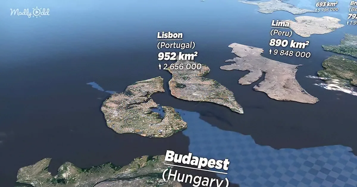 A comparison of city sizes with Lisbon, Portugal, and Lima, Peru, displayed as landmasses.