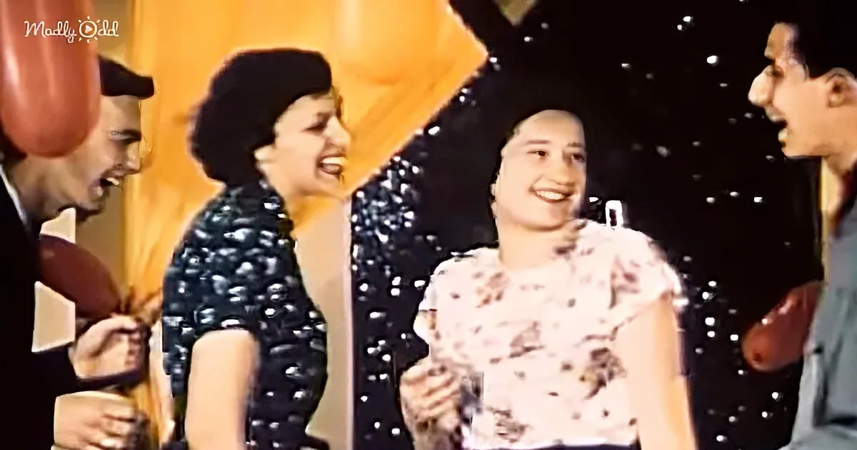 A smiling woman in a floral dress stands surrounded by people, holding a balloon, with a festive backdrop.