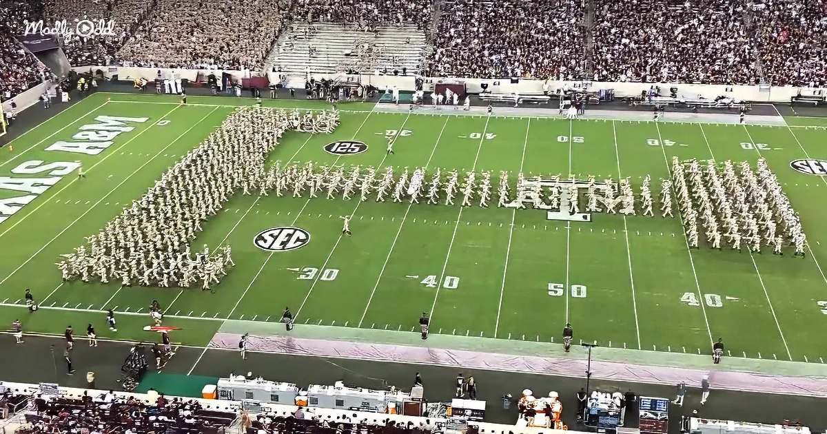 A marching band forms a large "C" on a football field during a game.