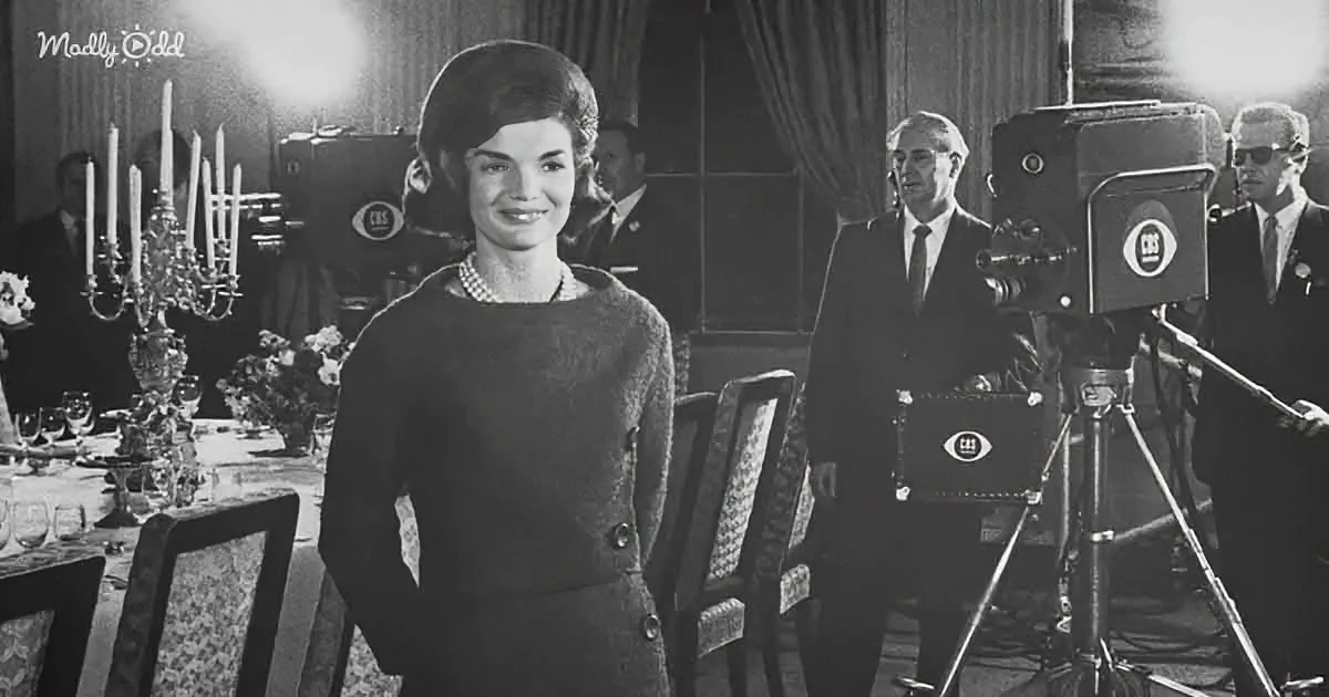 Jacqueline Kennedy stands elegantly in a formal setting, surrounded by cameras and a table with candelabras.