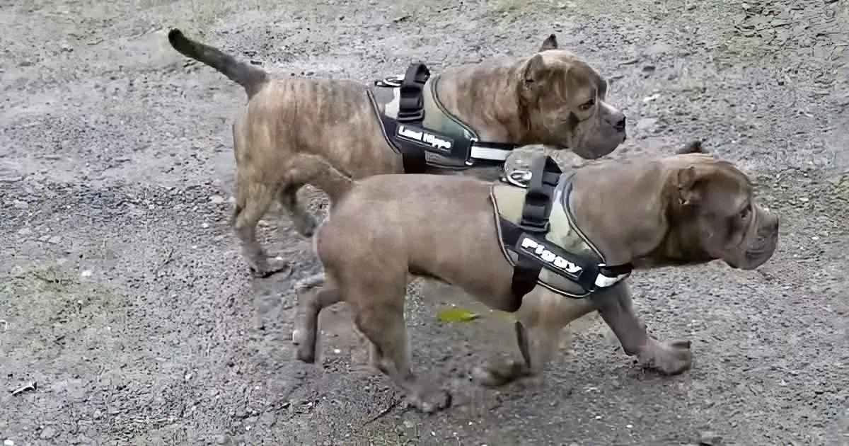 Two muscular dogs wearing harnesses walk on a gravel path, one slightly ahead of the other.