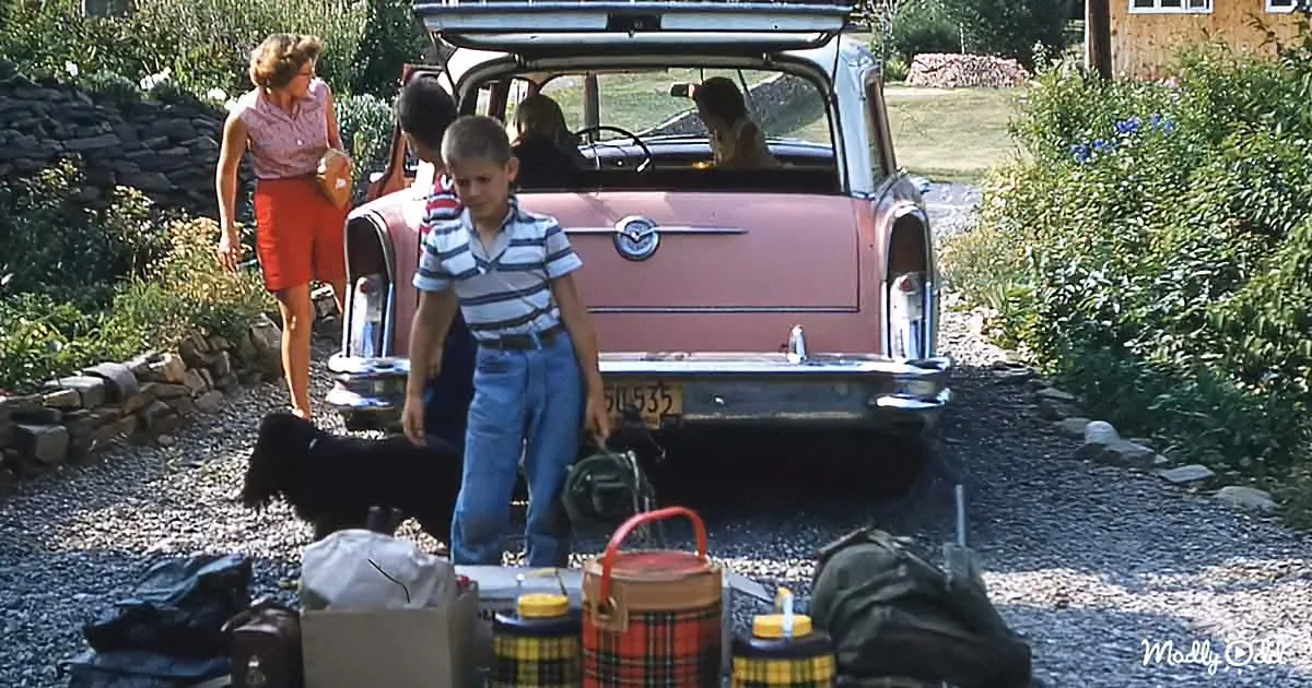 A boy stands by a vintage pink car, surrounded by luggage and a dog, with a woman nearby.