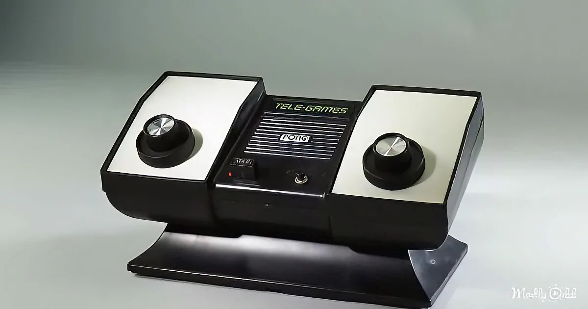 A vintage Pong console with two joysticks and a "Start" button is displayed.