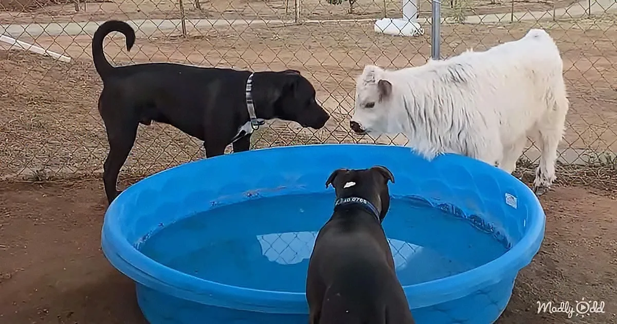 Two black dogs and a white dog gather around a blue kiddie pool, seemingly curious.