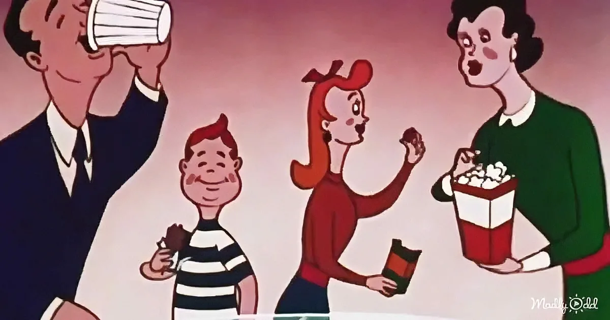 A cartoon family enjoys popcorn and drinks at a movie theater.