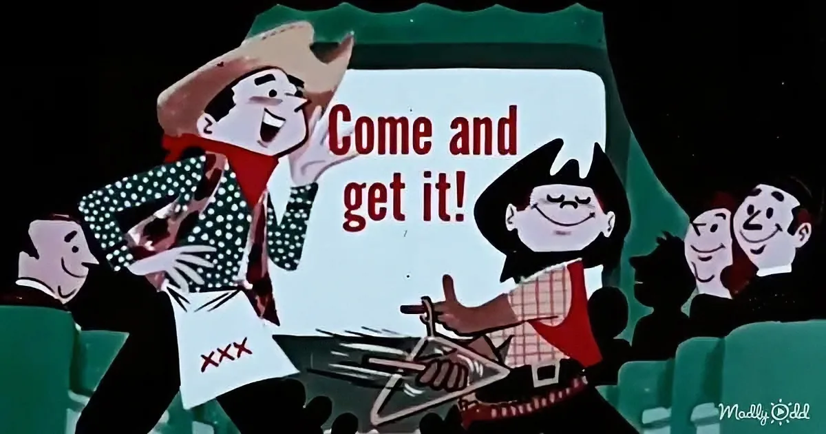 A cowboy in a sombrero and a pirate with a sword are in a crowd, with "Come and get it!" text.