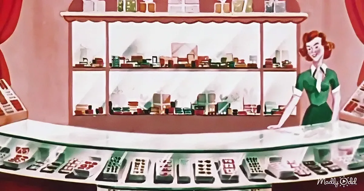A woman in a green dress stands behind a glass counter displaying various makeup products in a vintage store setting.