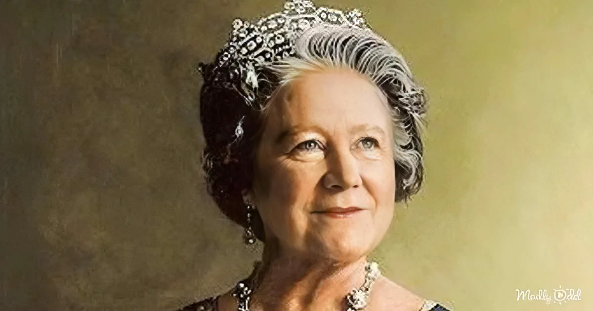 An elderly woman with gray hair, wearing a tiara and jewelry, gazes upward in a formal portrait.