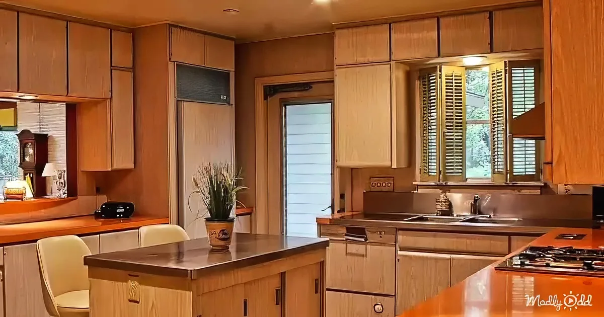 A retro kitchen with wooden cabinets, a central island, and a window with shutters.