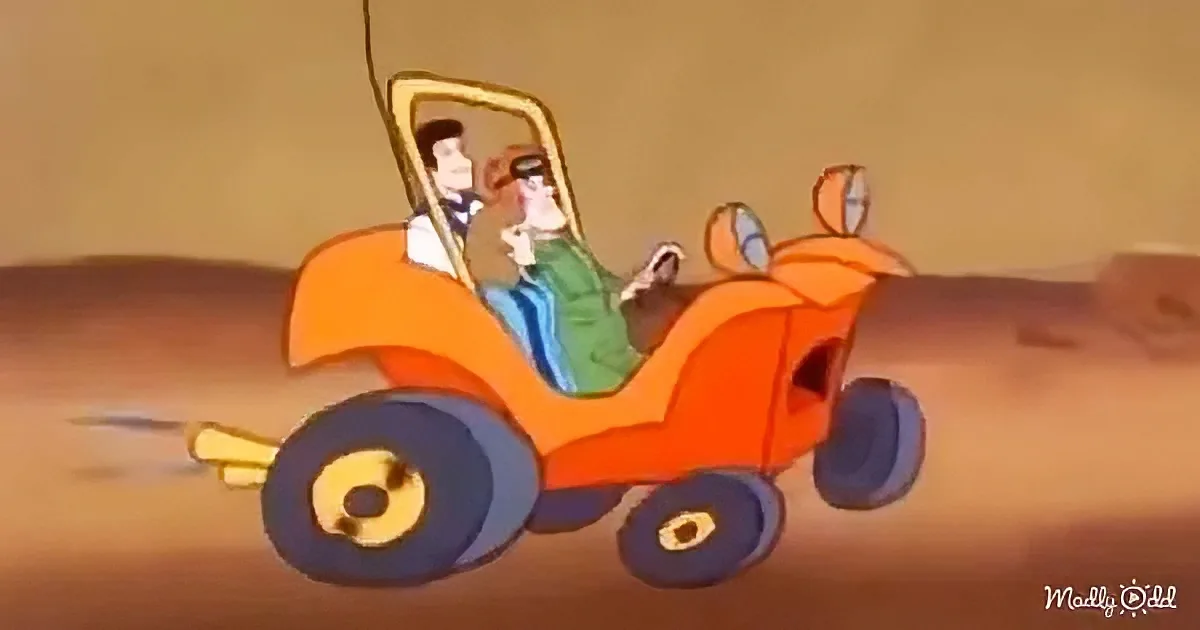 A cartoon car with two characters drives through a desert landscape.