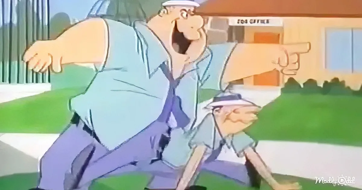 A cartoon man in a blue shirt and hat is pointing and shouting while another man in a white shirt and cap looks on.