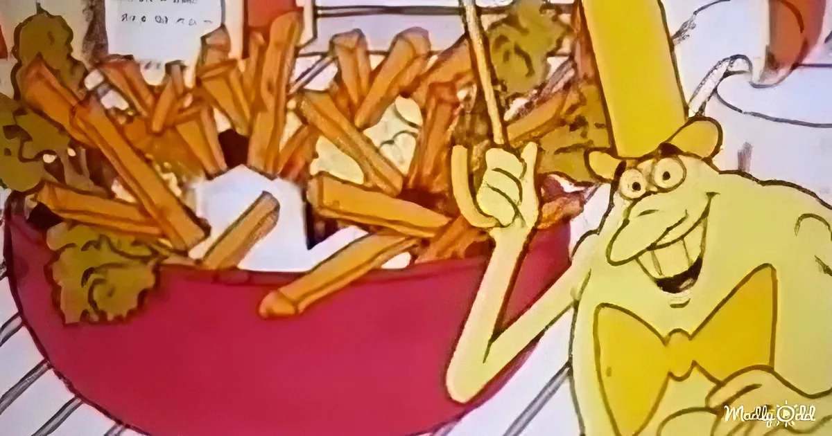 Mr. Burns from The Simpsons is excitedly pointing at a giant bowl of french fries.