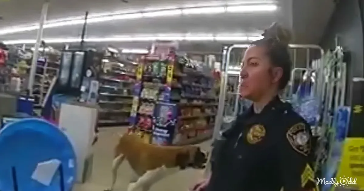 A police officer in a store interacts with a dog, while shelves of products are visible in the background.