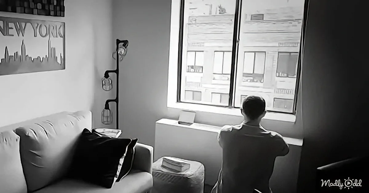 A person sits by a window, gazing out at a cityscape, with a couch and a "New York" poster on the wall.