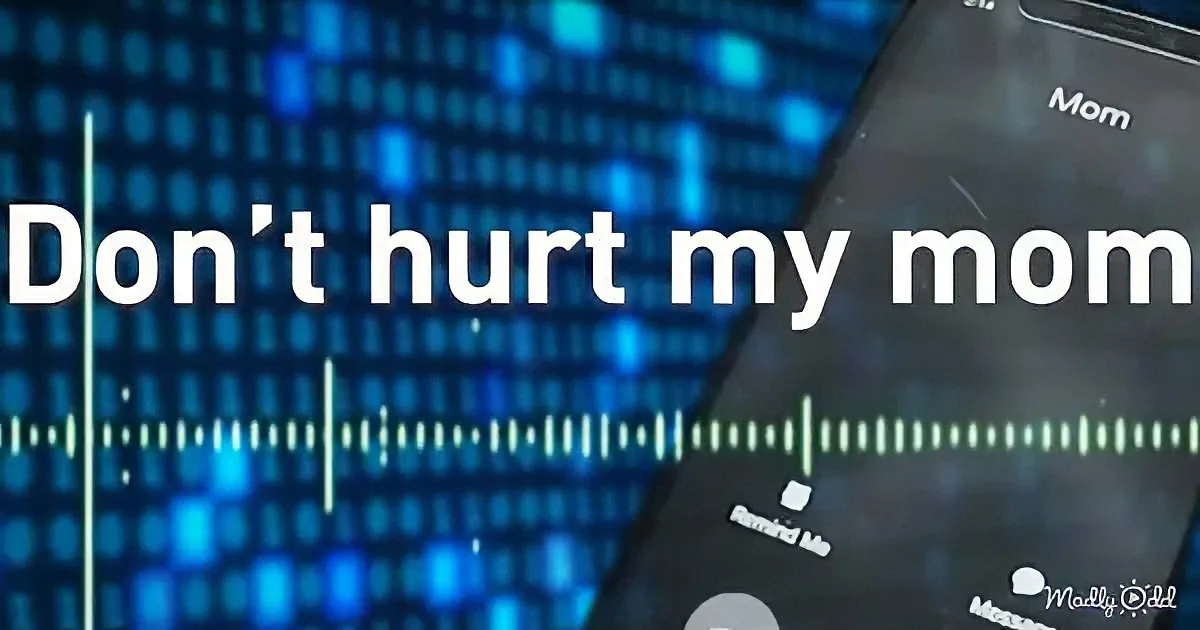 A phone screen displays a text message with "Don't hurt my mom" and a blurred blue background.