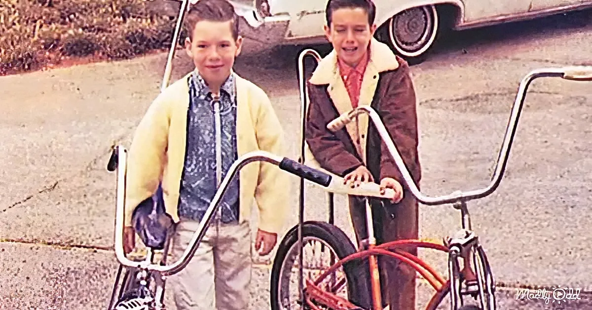 Two boys stand beside a vintage bicycle with high handlebars, wearing jackets and smiling.