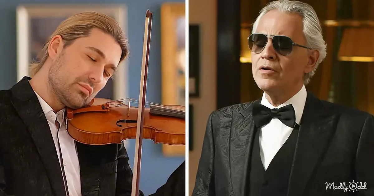A man in a suit plays the violin, while another man in a tuxedo and sunglasses sings.