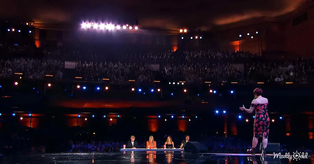 A performer stands on stage with judges seated at a table in front of a large, illuminated audience.