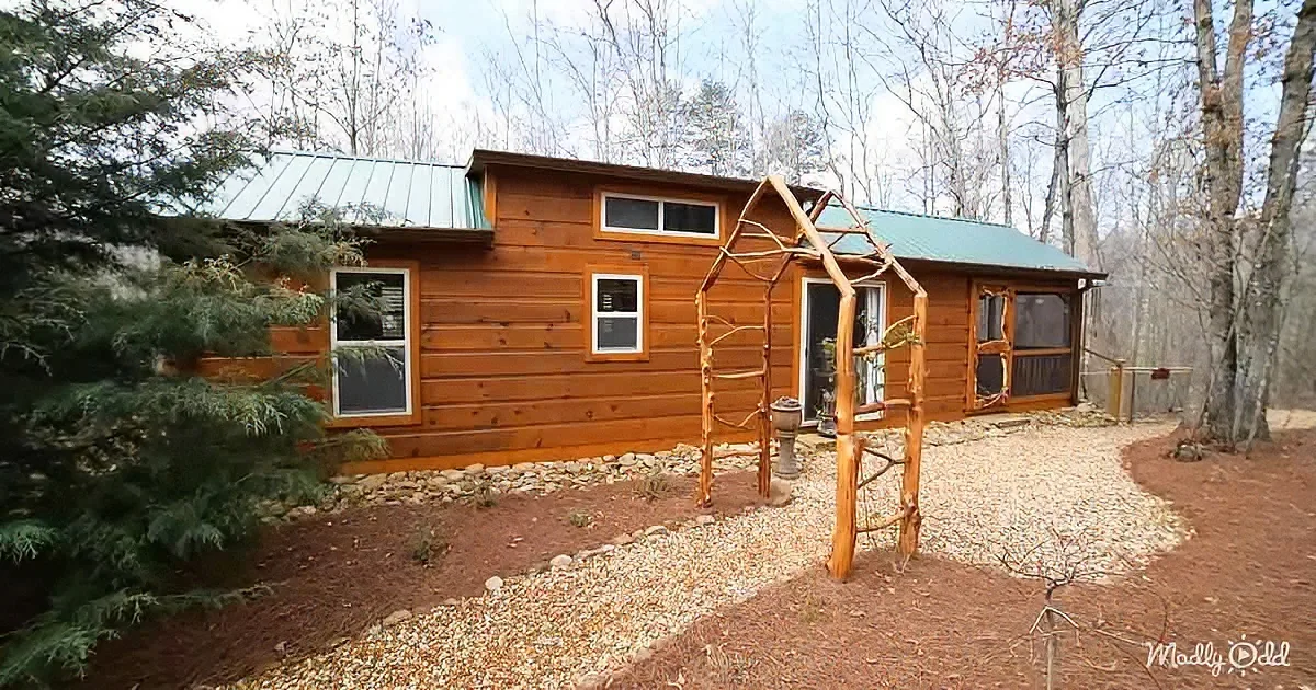 A rustic wooden cabin with a green roof sits amidst a forested area, surrounded by gravel and trees.