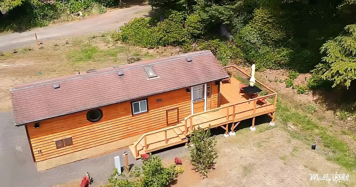 A rustic wooden cabin with a large deck and a small garden surrounded by trees and a road.
