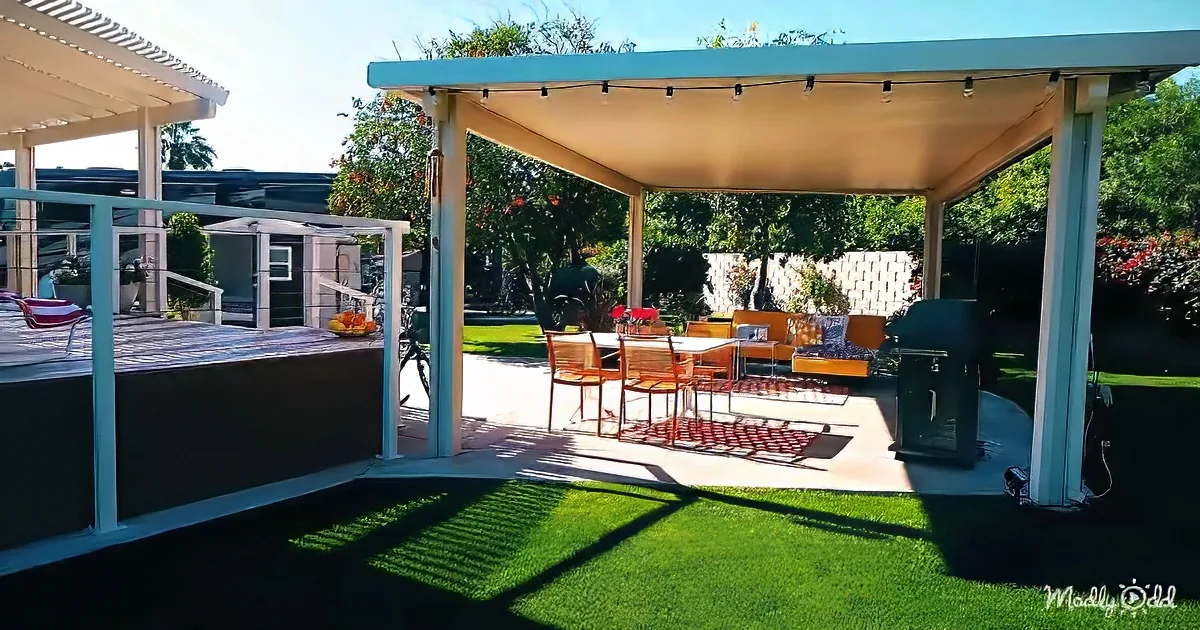 A covered patio with a table, chairs, and a grill, surrounded by greenery and a clear sky.