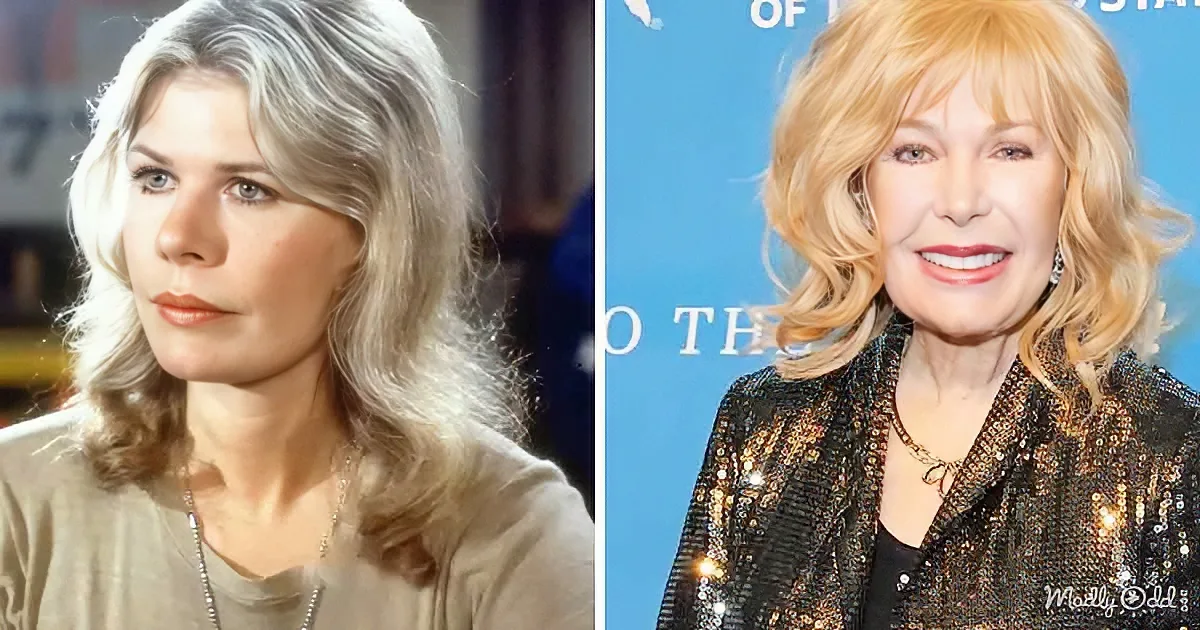 A woman with blonde hair in two different settings, one from the past and one more recent.