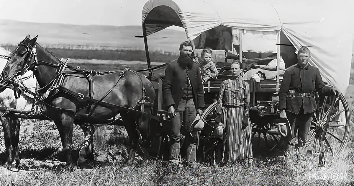 A family stands beside a covered wagon with a horse, set against a vast, open landscape.