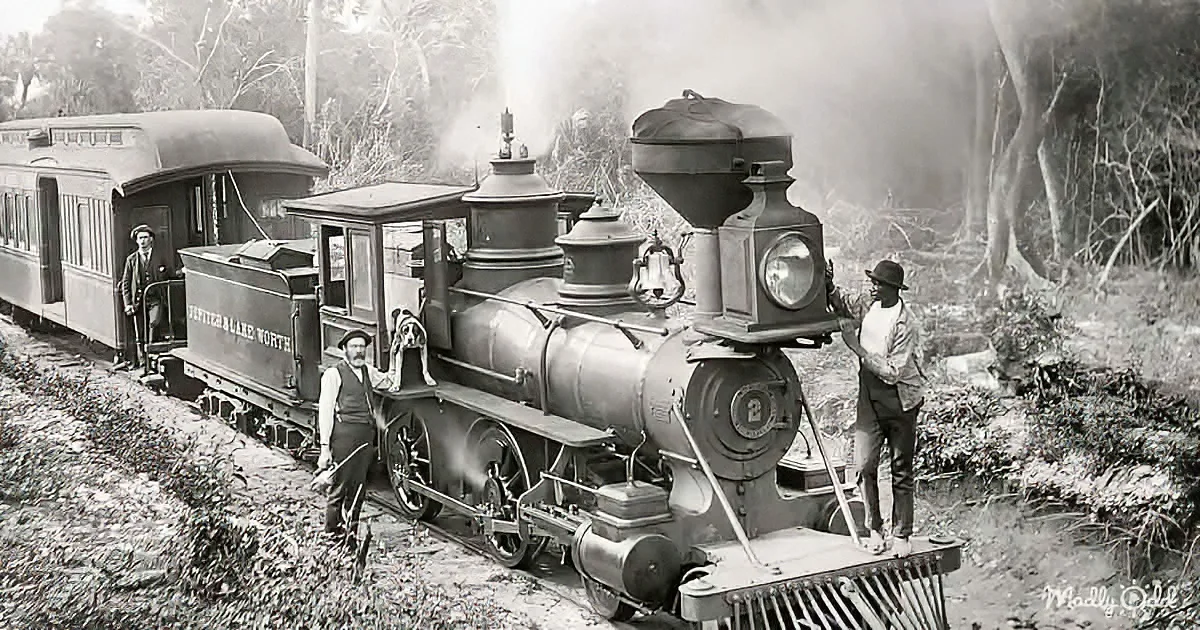 A vintage steam locomotive with passengers and a dog, labeled "Jefferson & Lane Worth," is on a railway track surrounded...