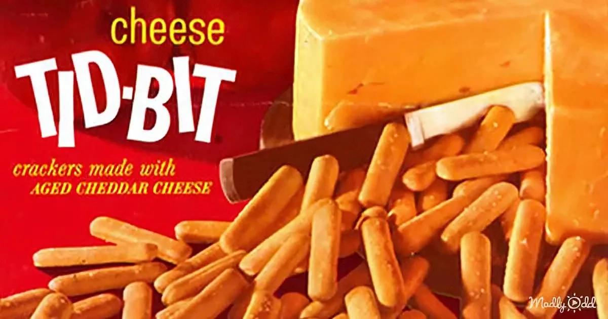 Cheese TID-BIT crackers with aged cheddar cheese, knife slicing cheese, red background.