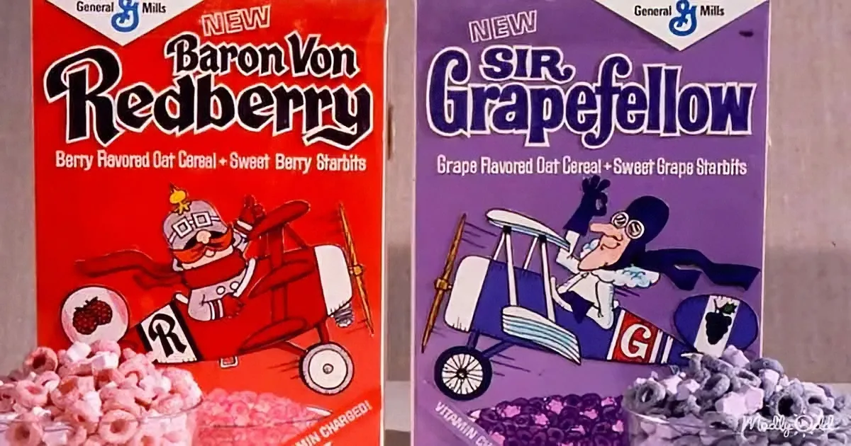 Two vintage cereal boxes, Baron Von Redberry and Sir Grapefellow, feature cartoon characters in planes, with red and...