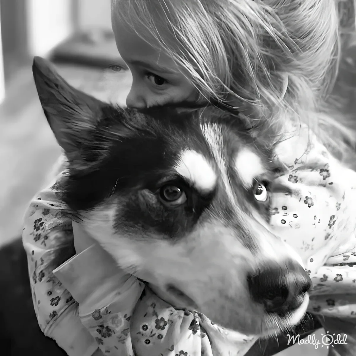 A girl in a floral dress holds a husky dog, both gazing off to the side.
