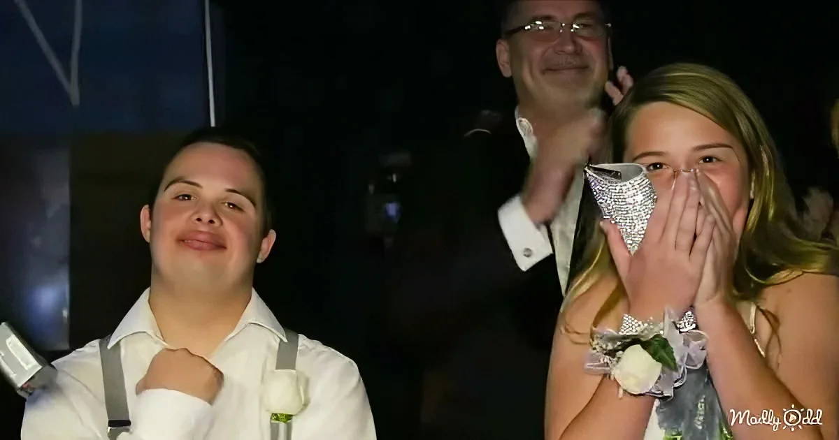 A boy in a white shirt and suspenders smiles, while a girl in a dress covers her face with her hands, both at a formal event.