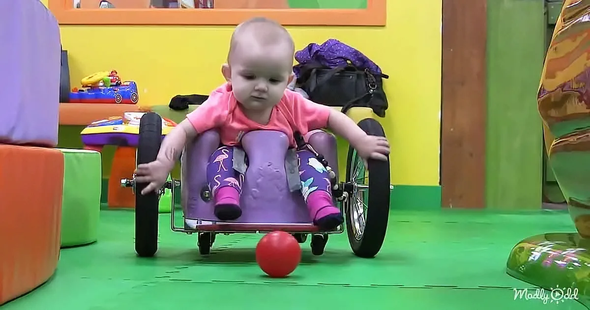 A baby in a colorful wheelchair with purple flamingo pants, surrounded by toys and a bright green floor.