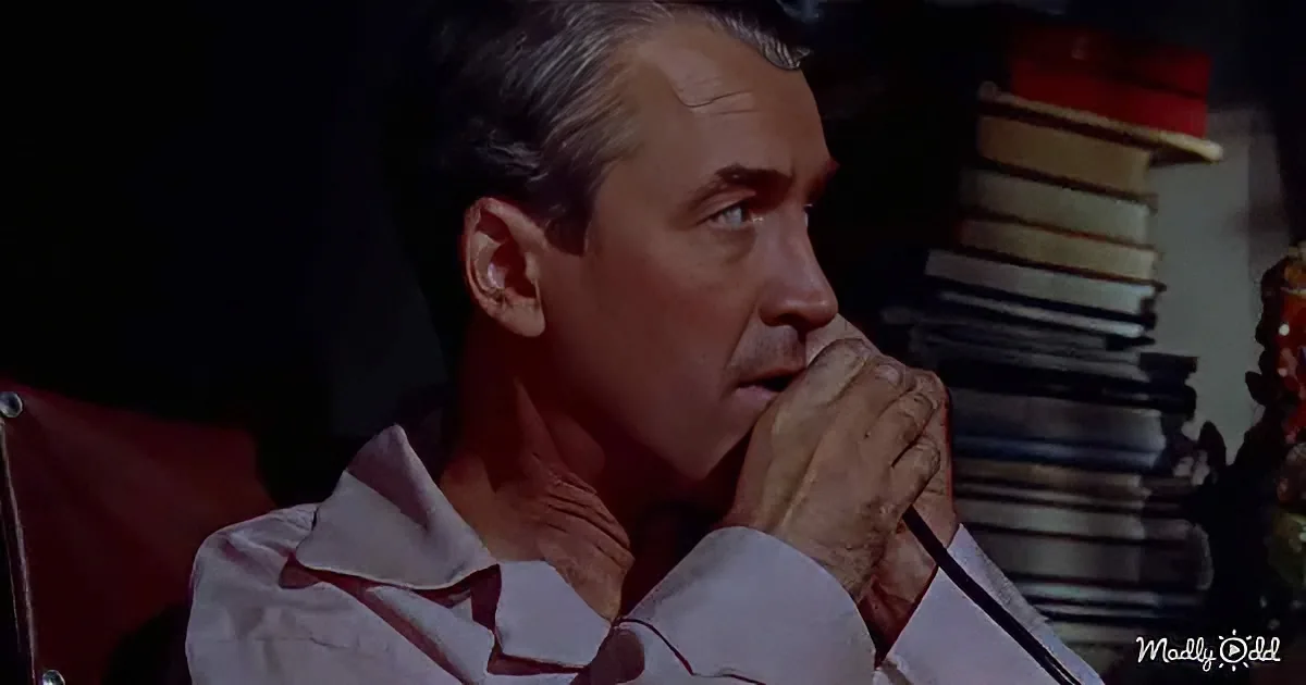 A man in a striped shirt sits contemplatively, hand on chin, with stacks of books and a bottle in the background.