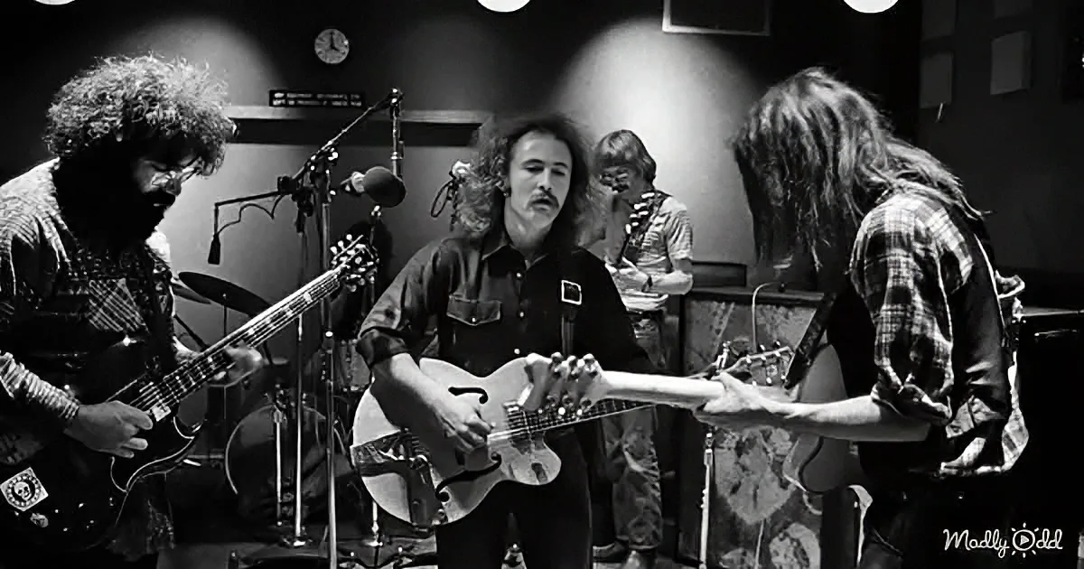 A guitarist with long hair and beard plays a hollow-body guitar in a recording studio.