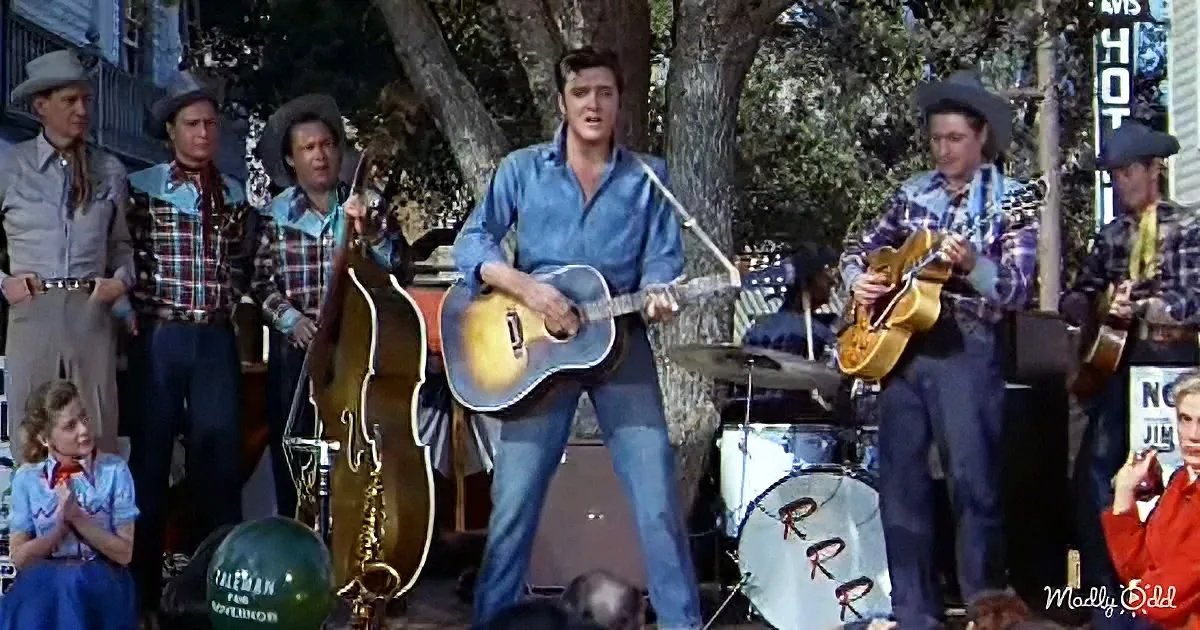 Elvis Presley plays guitar in a lively outdoor performance with a band and audience.