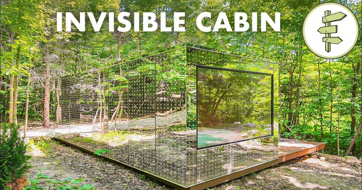 A glass cube sits on a wooden platform in a forest, reflecting the surrounding greenery.