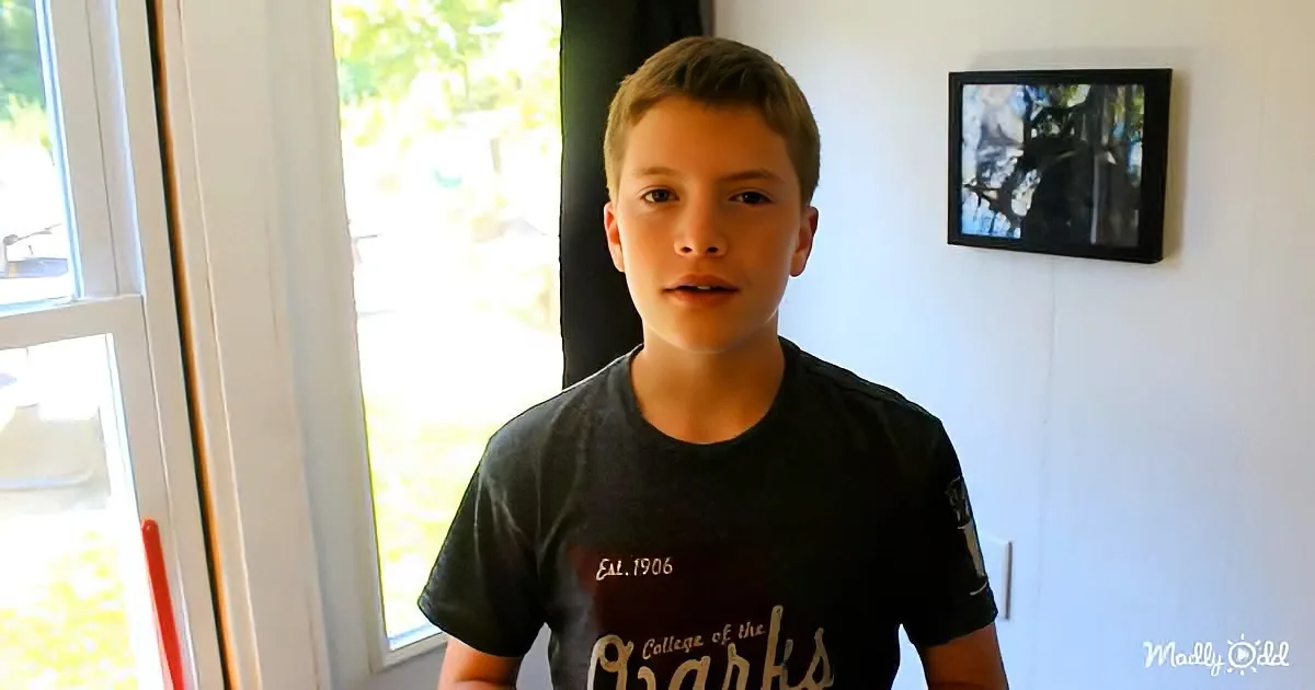 A boy in a black t-shirt stands indoors near a window, with a framed picture on the wall behind him.