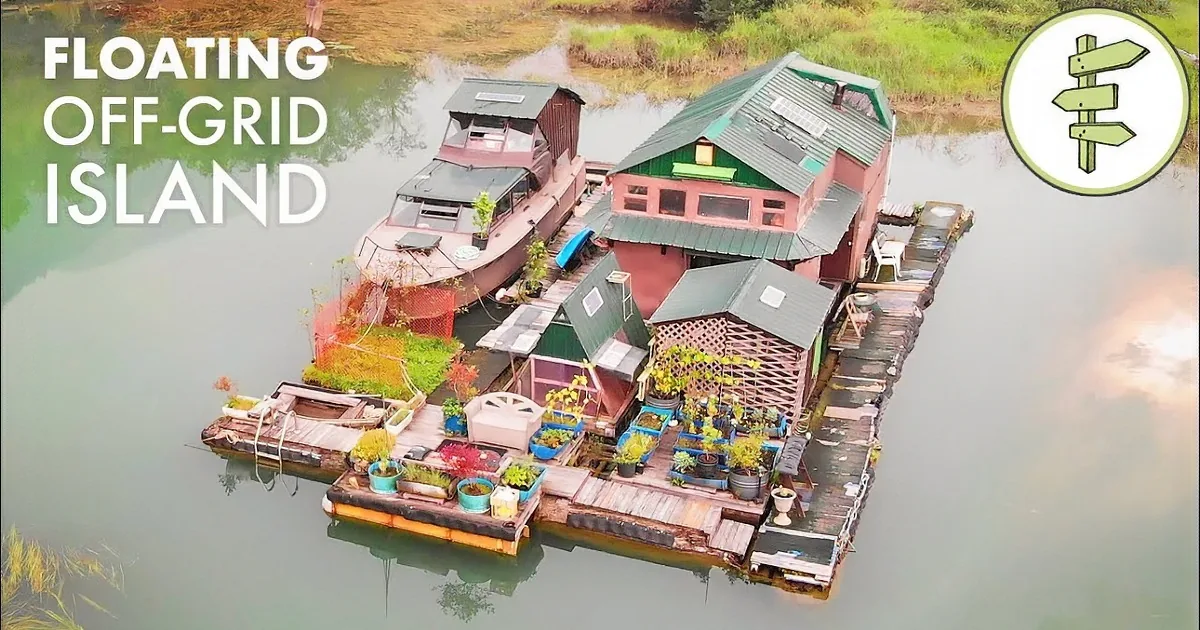 A houseboat with a green roof sits on a floating dock surrounded by water and vegetation.