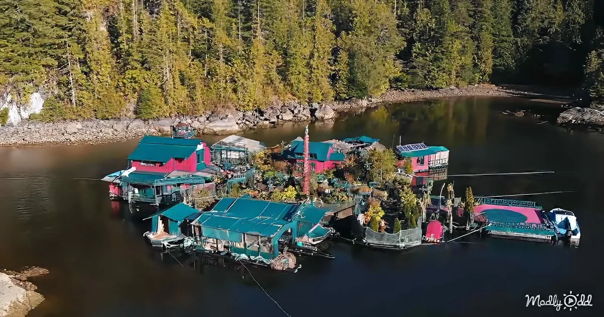 A cluster of colorful houseboats with solar panels and lush greenery on a serene lake surrounded by dense forest.