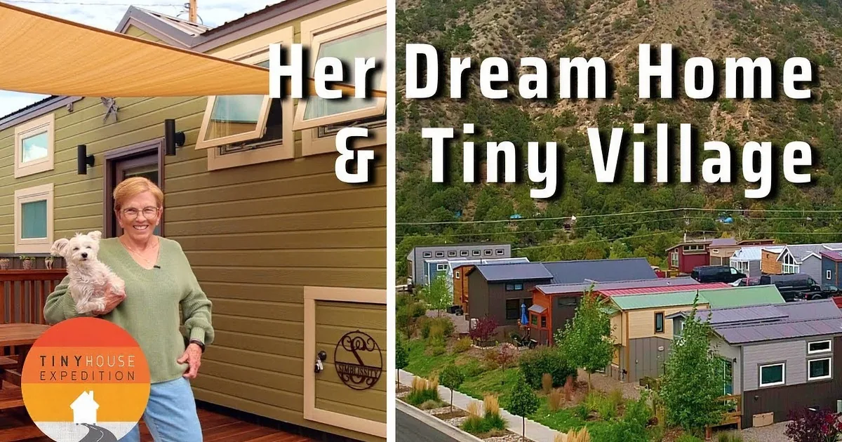 Escalante Village showcases colorful tiny homes nestled in a mountainous landscape with a road and greenery.