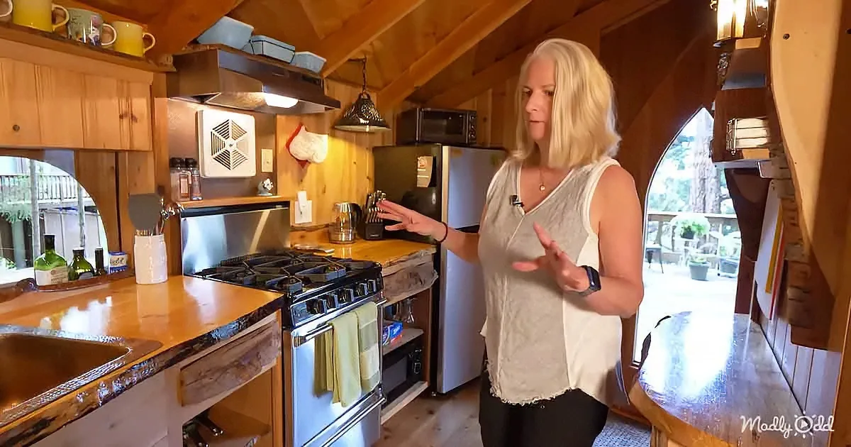 A woman stands in a cozy, rustic kitchen with wooden walls and a gas stove, gesturing as she speaks.