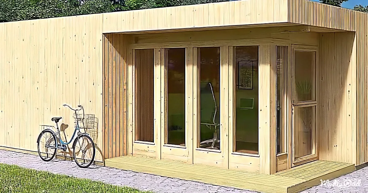 A wooden cabin with large windows, a bicycle parked nearby, and a paved walkway leading to the entrance.