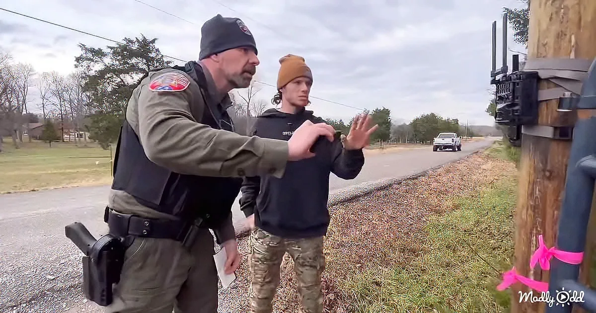 A police officer in uniform gestures while speaking to a young man in camouflage pants near a roadside.