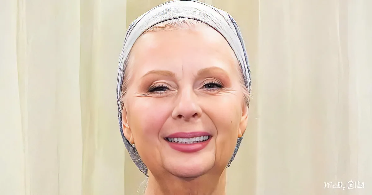 A smiling woman with a headscarf, wearing braces, against a light background.