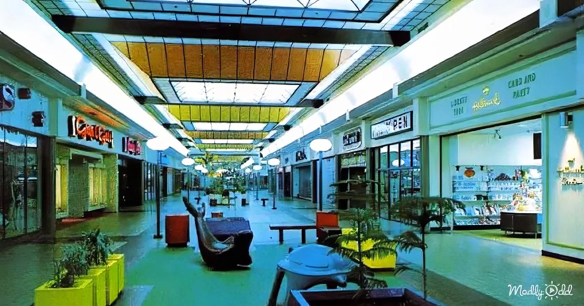 A retro shopping mall with colorful storefronts, hanging lights, and indoor plants.